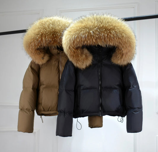 Luxury fur puffer coats .