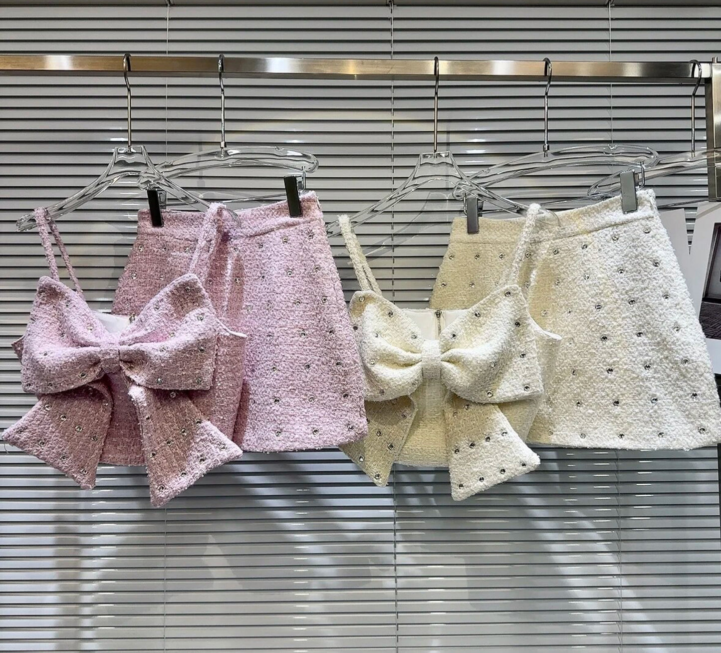 Luxury Limited Edition Tweed Big Bow Diamond Co-ord sets .